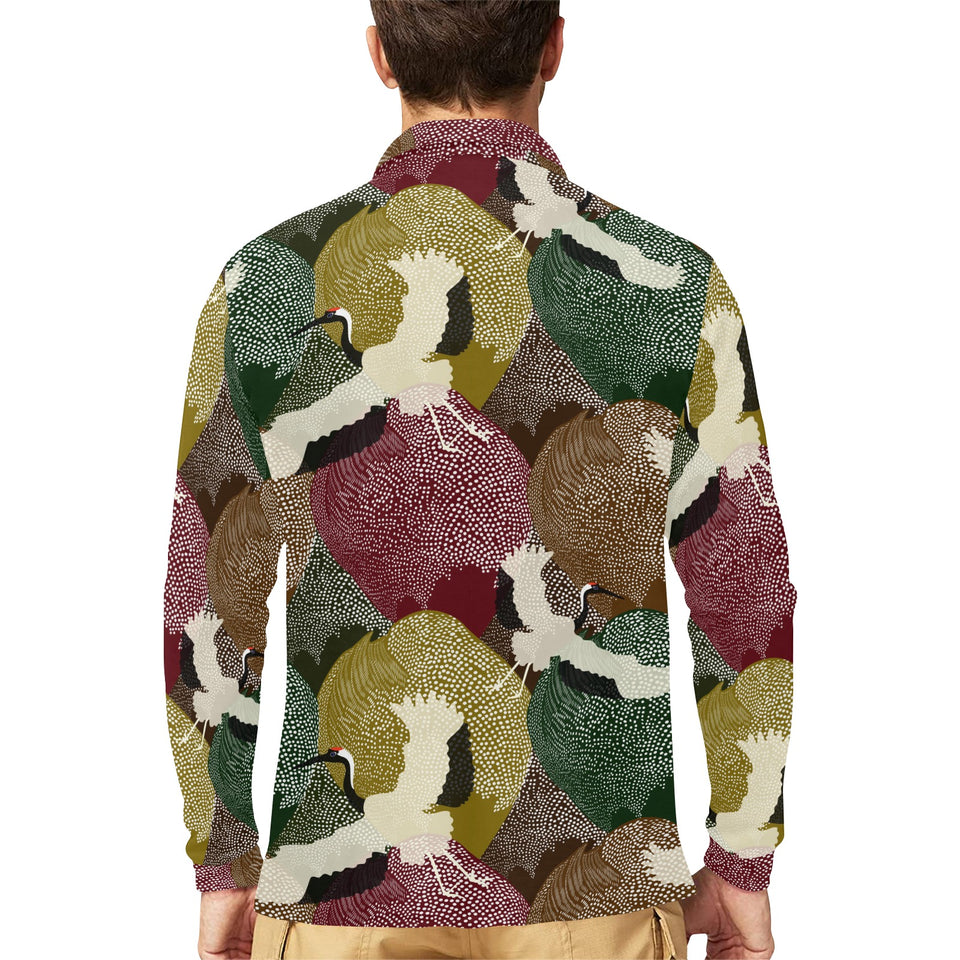 Japanese cranes flying forest dot pattern Men's Long Sleeve Polo Shirt