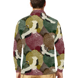 Japanese cranes flying forest dot pattern Men's Long Sleeve Polo Shirt