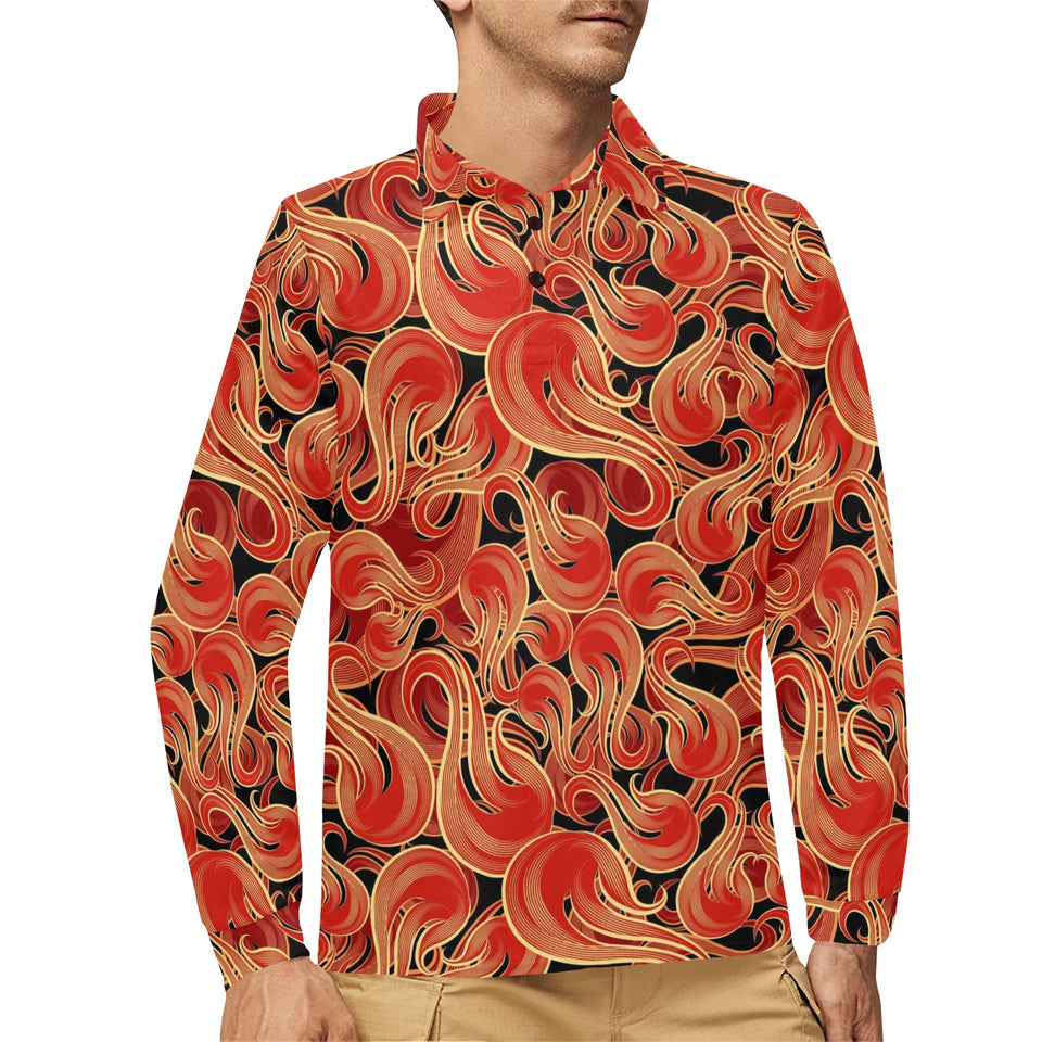 Fire flame pattern Men's Long Sleeve Polo Shirt