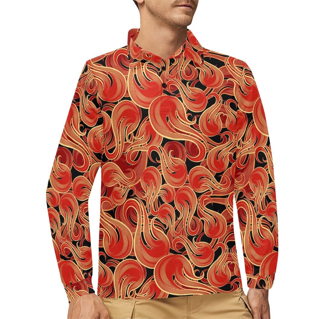 Fire flame pattern Men's Long Sleeve Polo Shirt