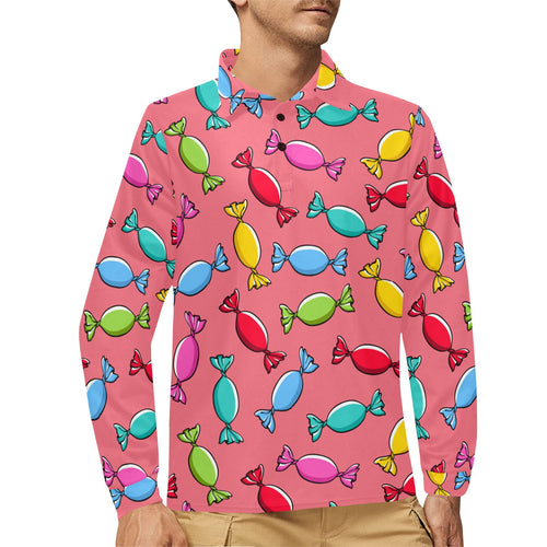 Colorful wrapped candy pattern Men's Long Sleeve Polo Shirt
