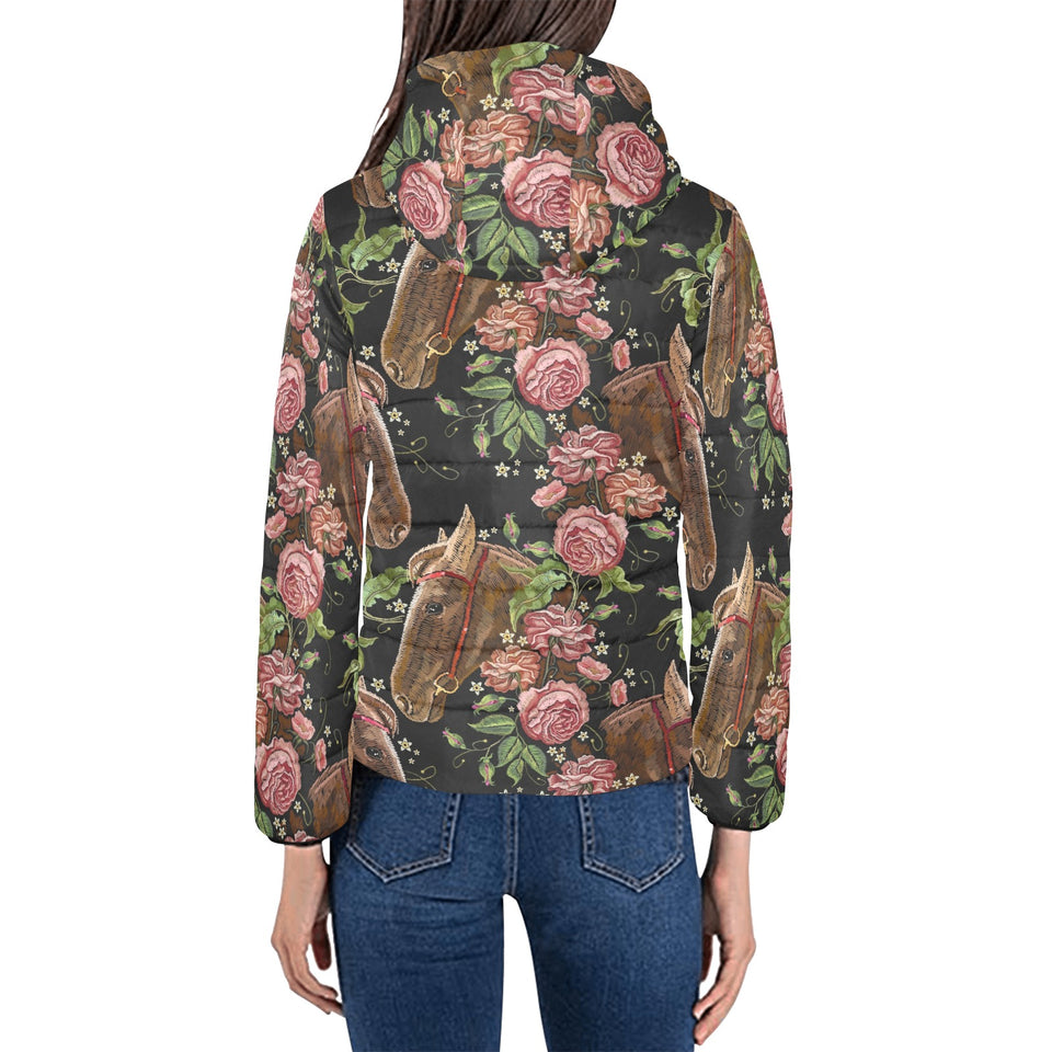 Horse head wild roses pattern Women's Padded Hooded Jacket