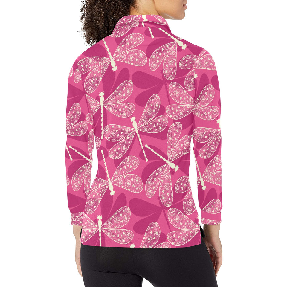 Beautiful dragonfly pink background Women's Long Sleeve Polo Shirt