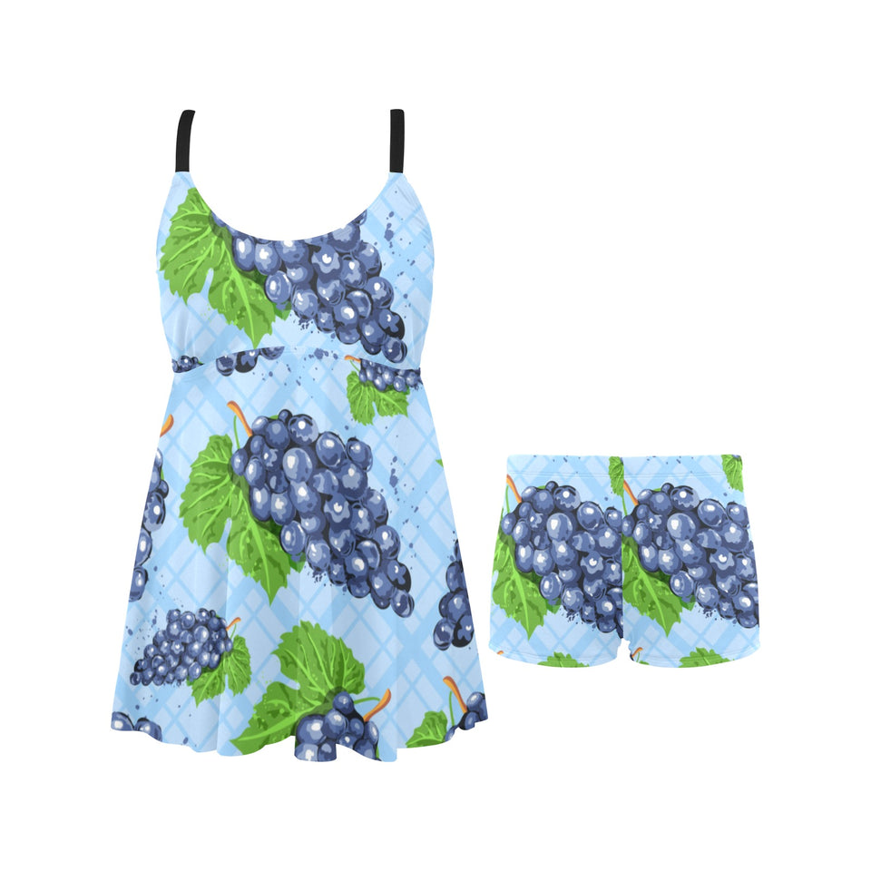 Watercolor grape pattern Chest Sexy Pleated Two Piece Swim Dress
