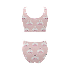 White swan and flower love pattern Chest Bowknot High Waisted Bikini Swimsuit
