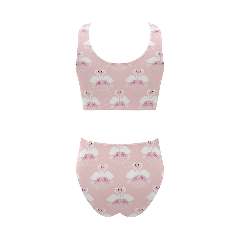White swan and flower love pattern Chest Bowknot High Waisted Bikini Swimsuit
