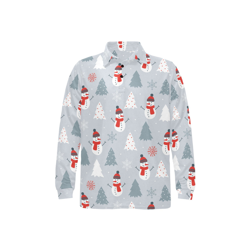 Snowman christmas tree snow gray background Men's Long Sleeve Polo Shirt