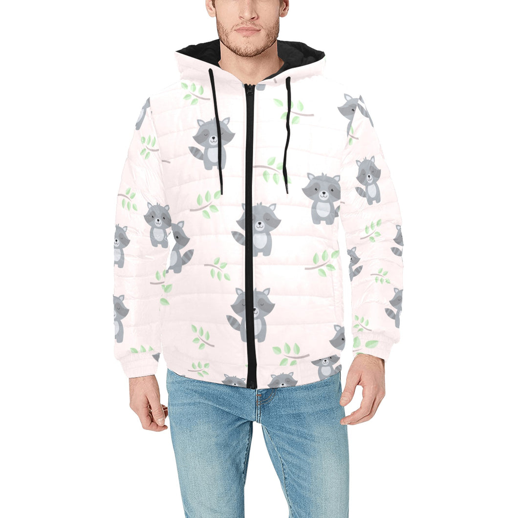 cute raccoons leaves pattern Men's Padded Hooded Jacket