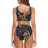 Gold dragon pattern Chest Bowknot High Waisted Bikini Swimsuit