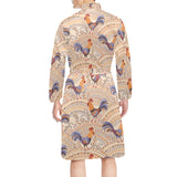 Cute rooster chicken cock floral ornament backgrou Men's Long Sleeve Belted Night Robe