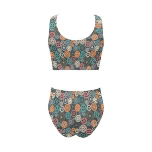 Gear Pattern Print Design 05 Chest Bowknot High Waisted Bikini Swimsuit
