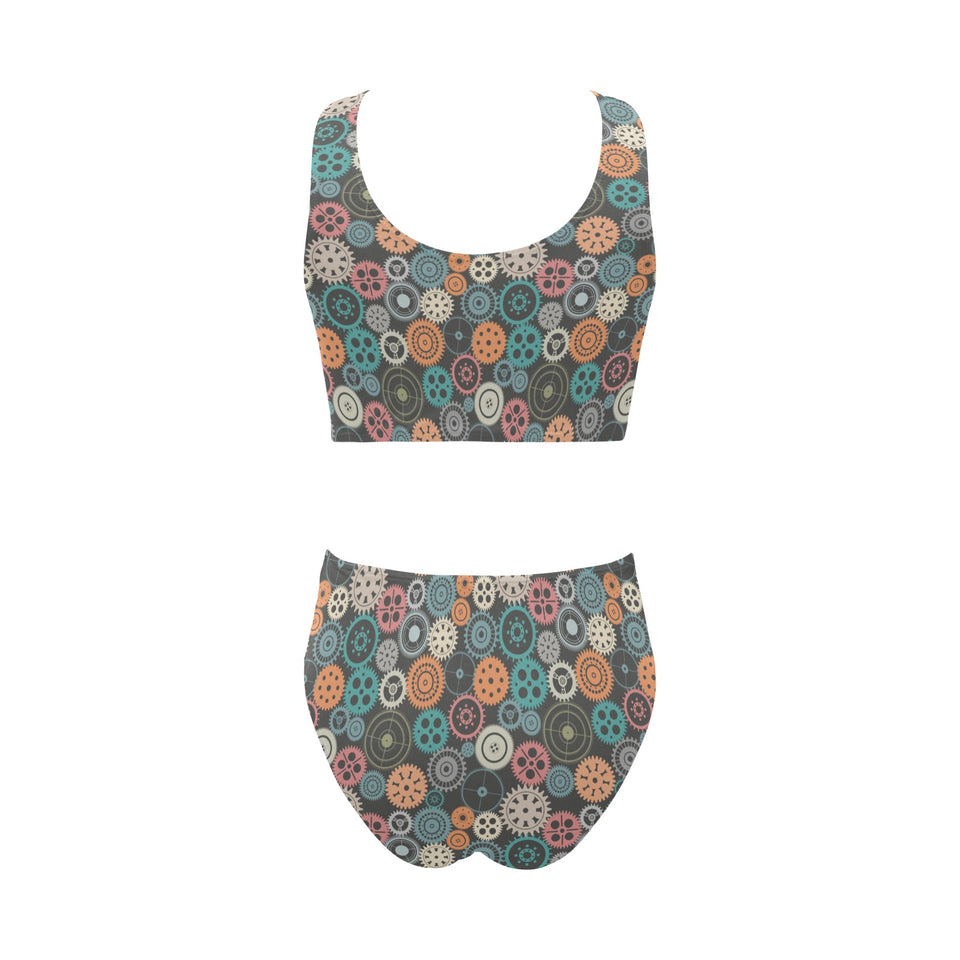 Gear Pattern Print Design 05 Chest Bowknot High Waisted Bikini Swimsuit