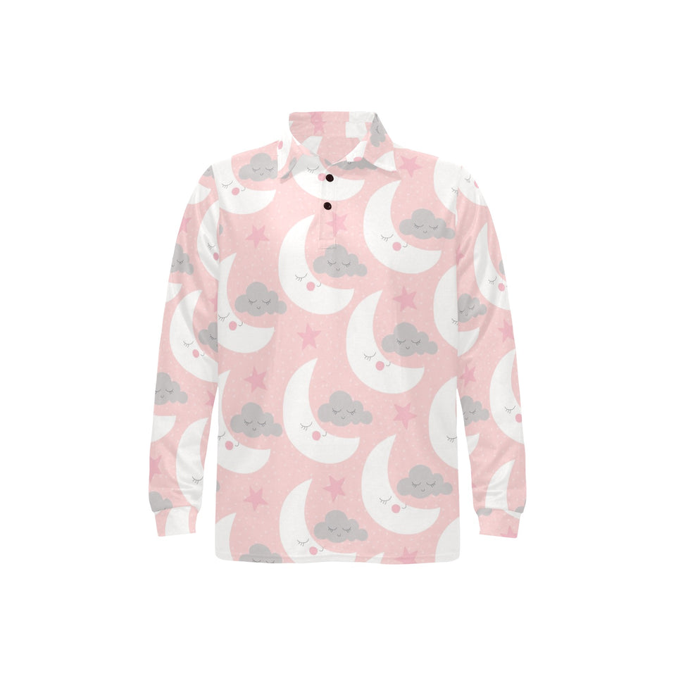 Cute moon cloud star pattern pink dot background Men's Long Sleeve Polo Shirt