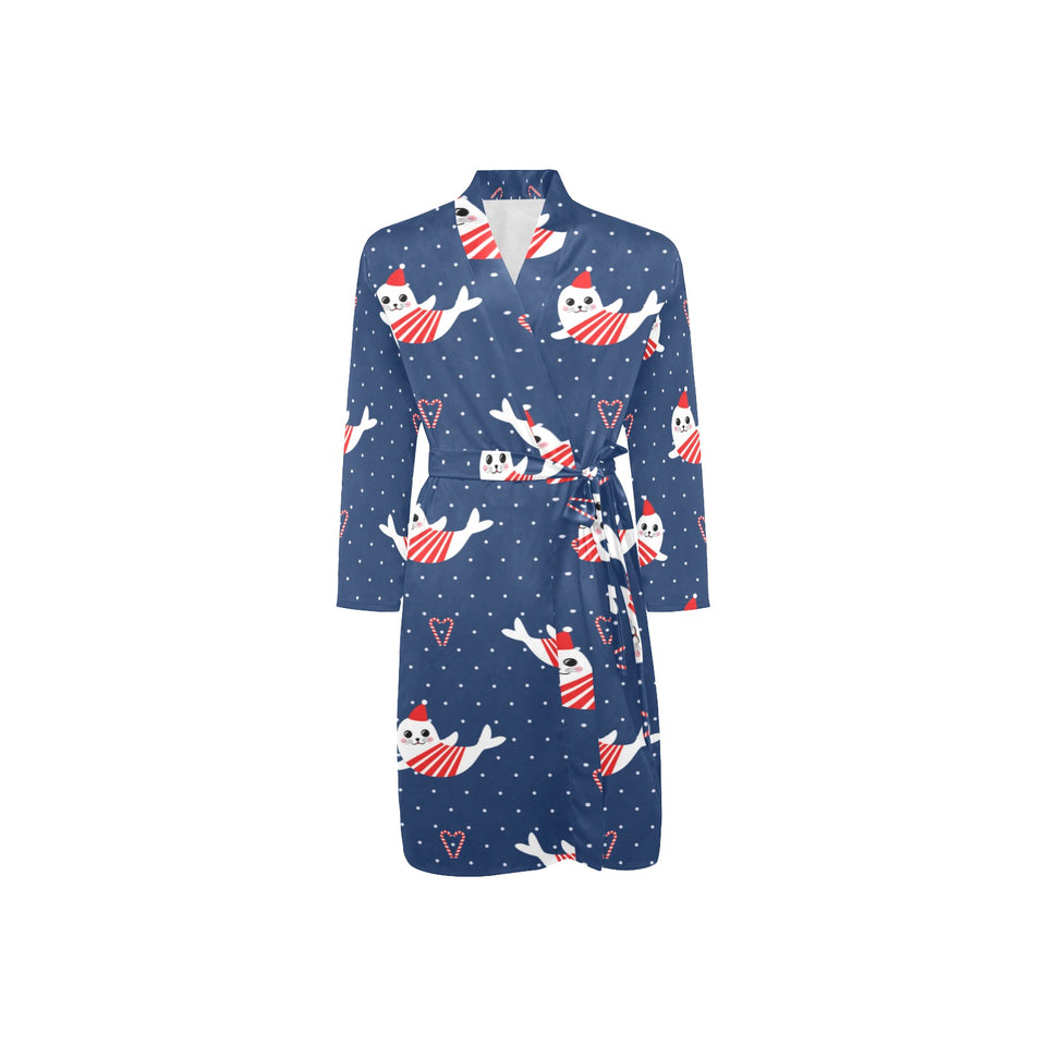Cute sea lion seal christmas hat candy cane heart Men's Long Sleeve Belted Night Robe