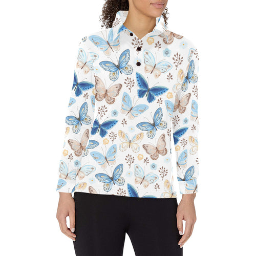 blue butterfly pattern Women's Long Sleeve Polo Shirt