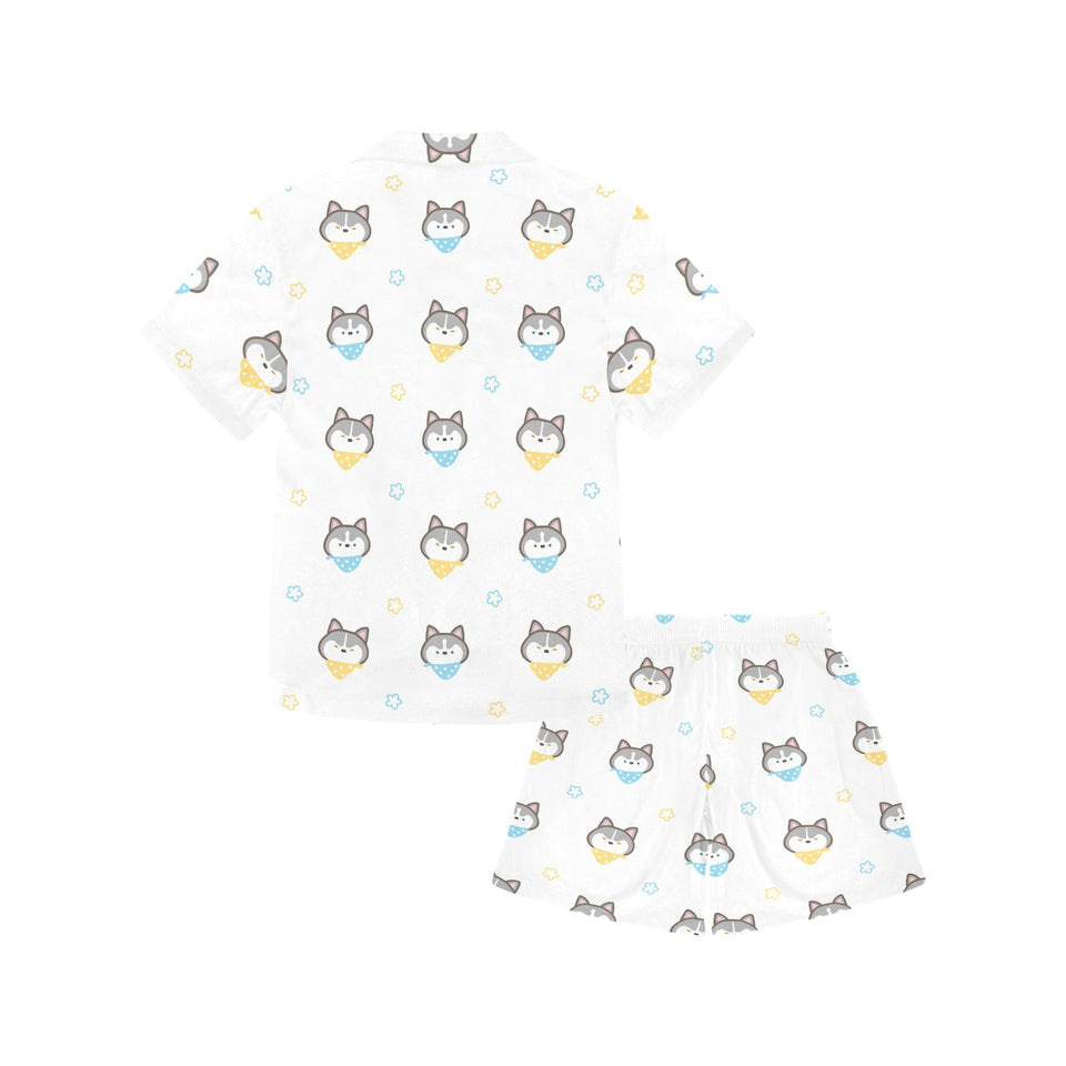 Cute Siberian Husky pattern Kids' Boys' Girls' V-Neck Short Pajama Set
