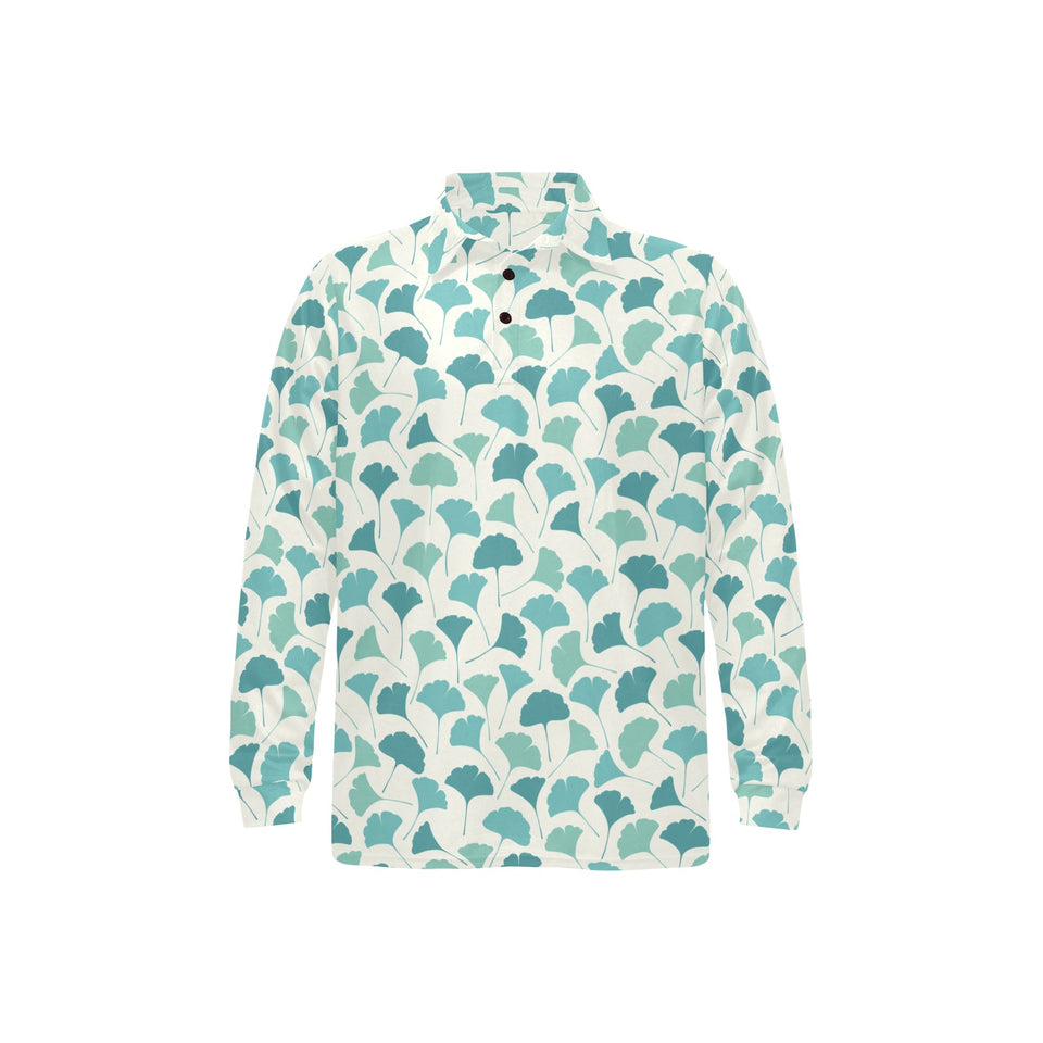 Green ginkgo leaves pattern Men's Long Sleeve Polo Shirt