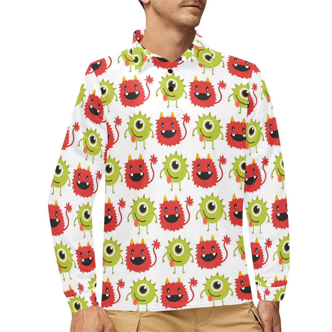 Alien Pattern Print Design 05 Men's Long Sleeve Polo Shirt