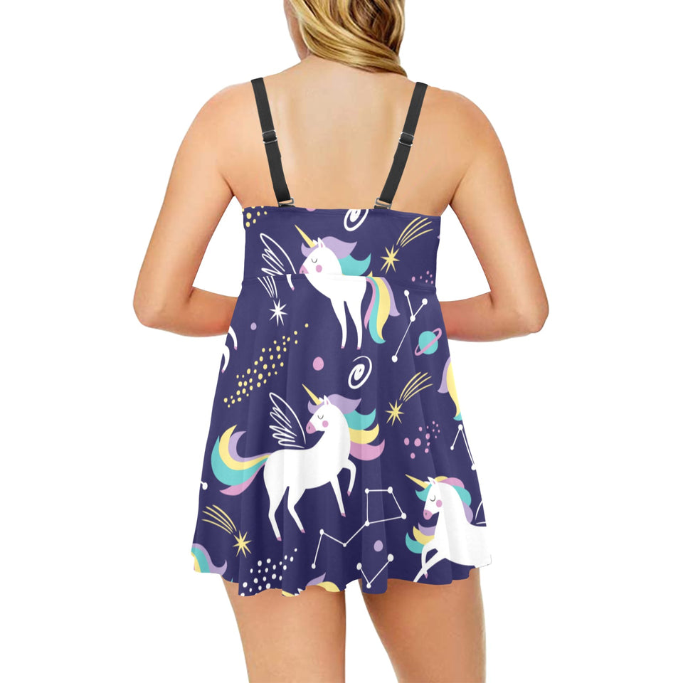 Hand drawn cute unicorn star planet Chest Sexy Pleated Two Piece Swim Dress