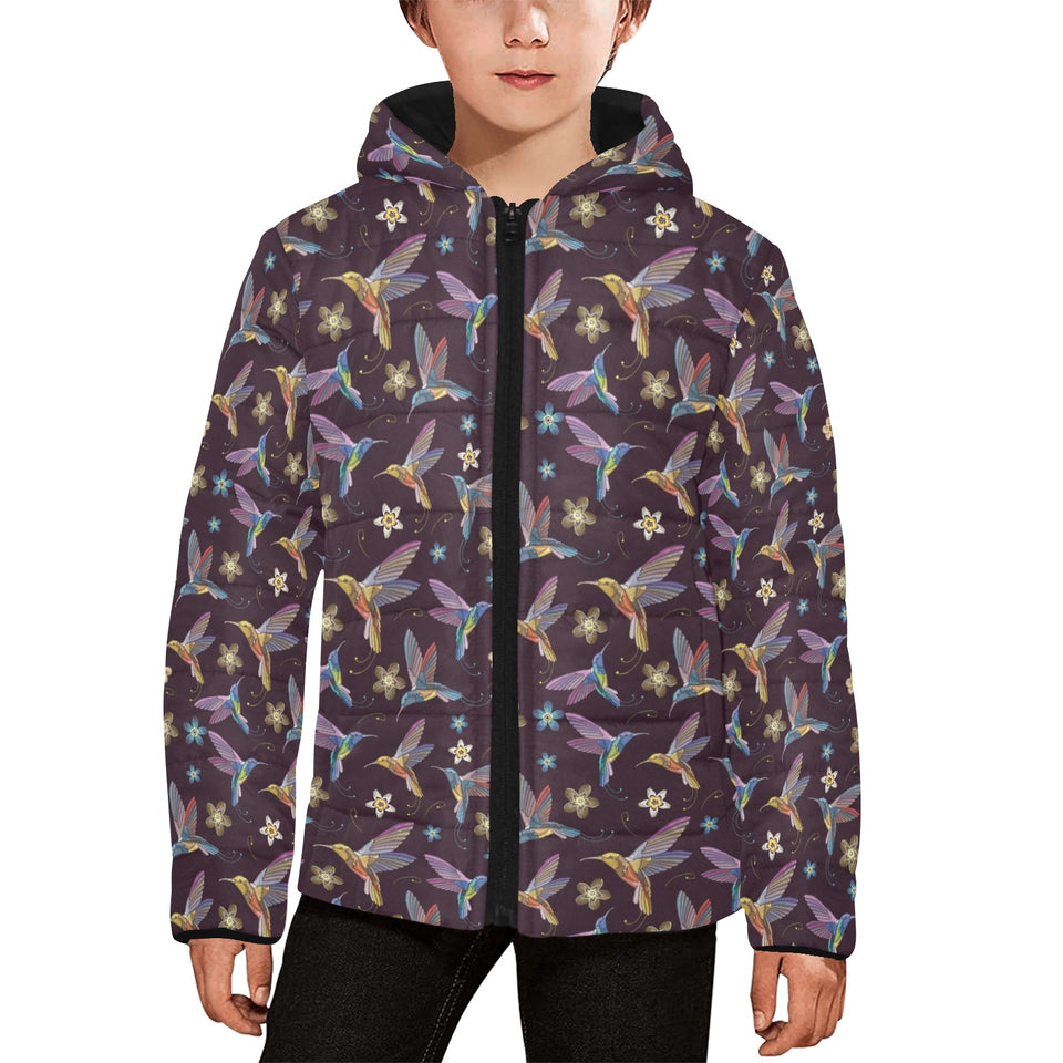 Hummingbird Pattern Print Design 04 Kids' Boys' Girls' Padded Hooded Jacket