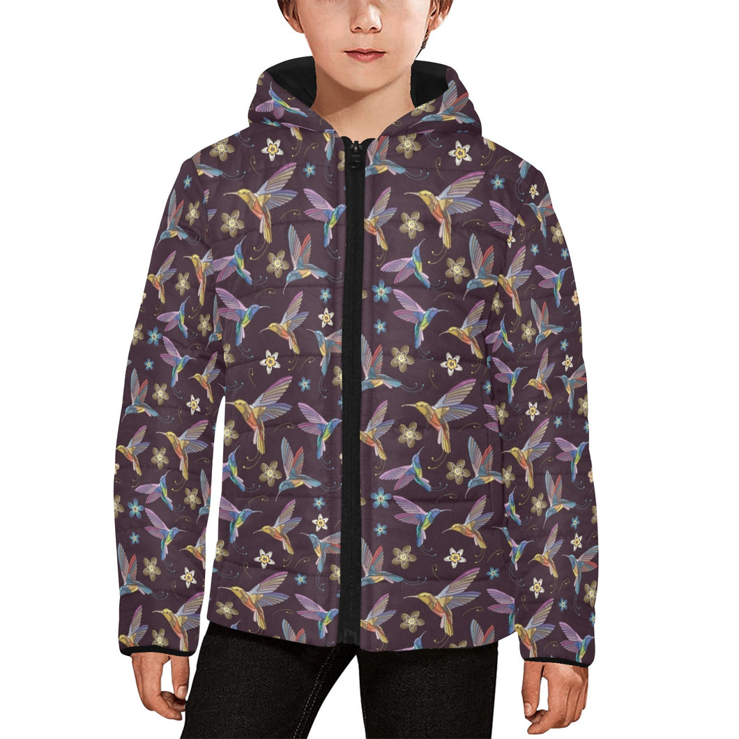 Hummingbird Pattern Print Design 04 Kids' Boys' Girls' Padded Hooded Jacket