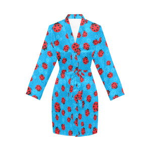 Ladybug Pattern Print Design 02 Women's Long Sleeve Belted Night Robe