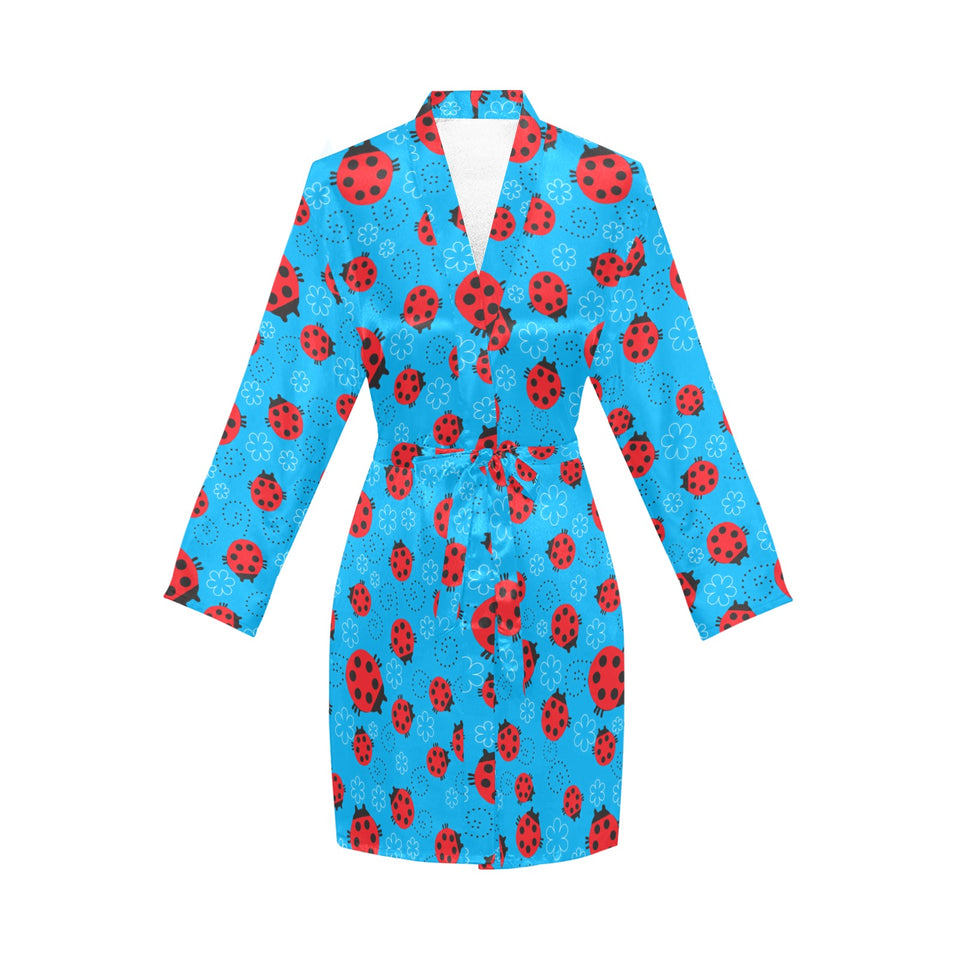 Ladybug Pattern Print Design 02 Women's Long Sleeve Belted Night Robe