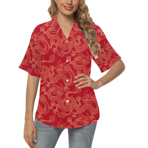 Gold dragons red background Women's All Over Print Hawaiian Shirt