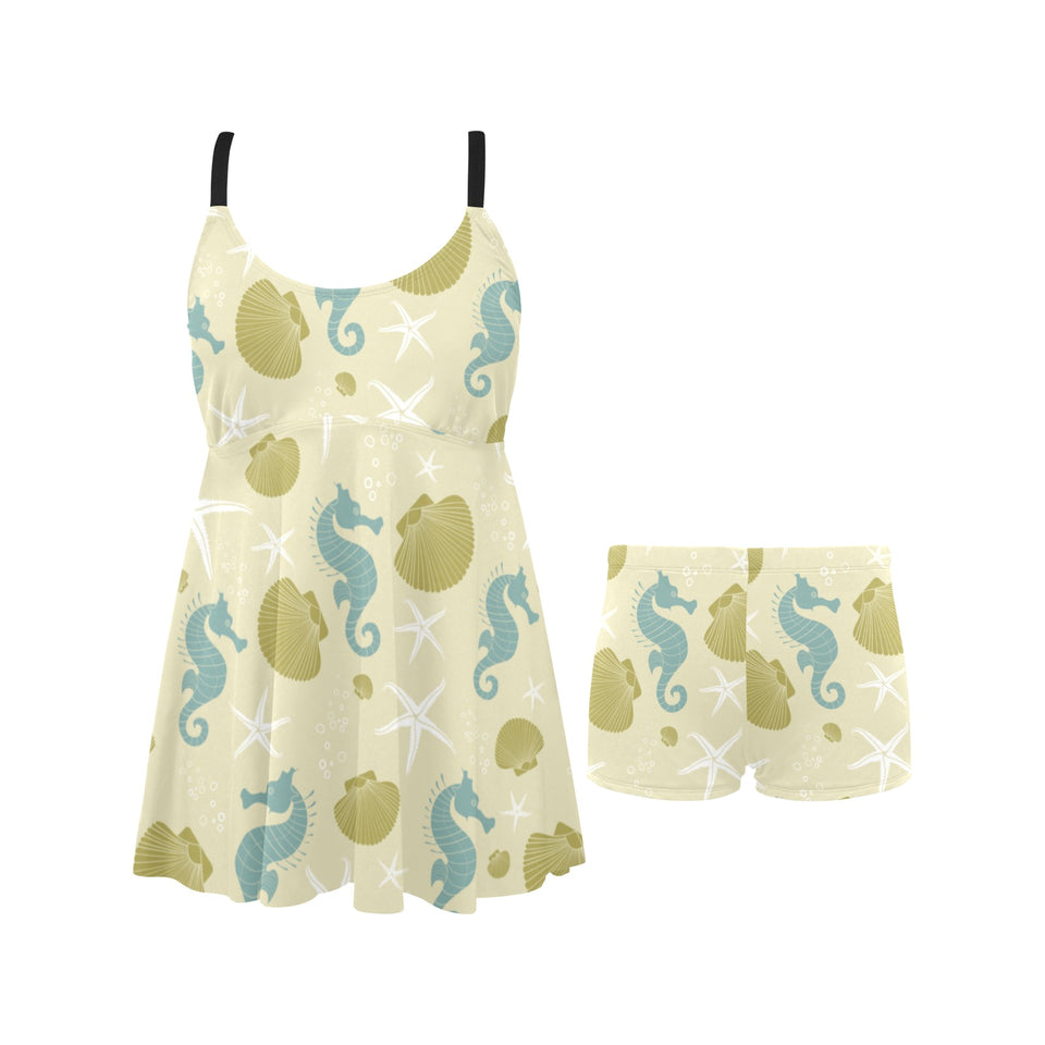 Seahorse shell starfish pattern background Chest Sexy Pleated Two Piece Swim Dress