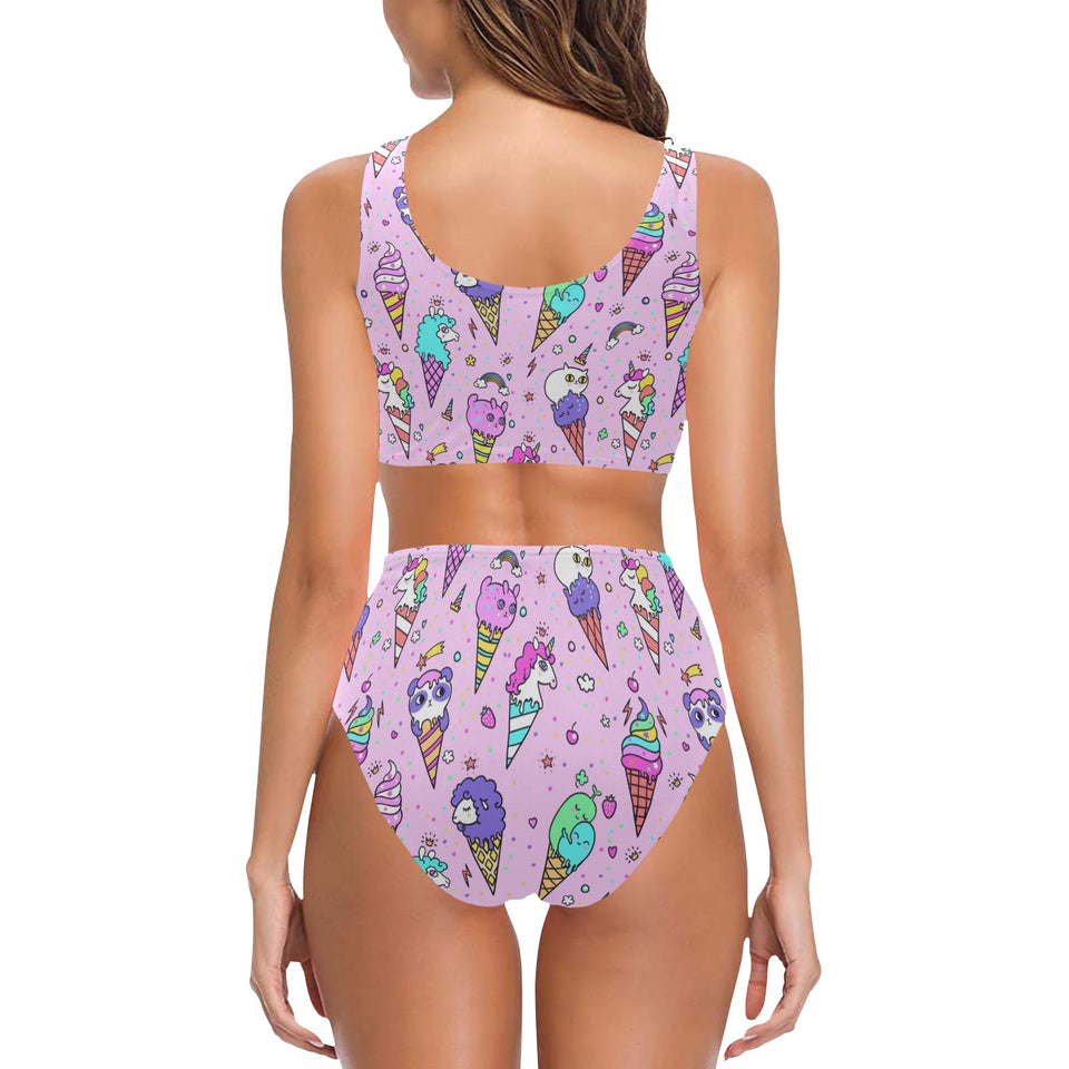 Cute ice cream cone animal pattern Chest Bowknot High Waisted Bikini Swimsuit