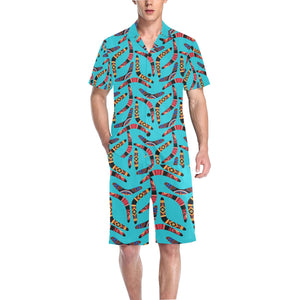 Boomerang Australian aboriginal ornament blue back Men's V-Neck Short Pajama Set