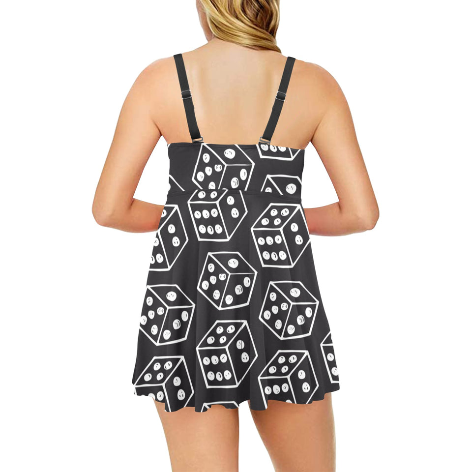 Dice Pattern Print Design 01 Chest Sexy Pleated Two Piece Swim Dress