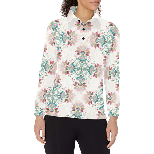 Square floral indian flower pattern Women's Long Sleeve Polo Shirt
