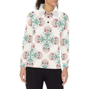 Square floral indian flower pattern Women's Long Sleeve Polo Shirt