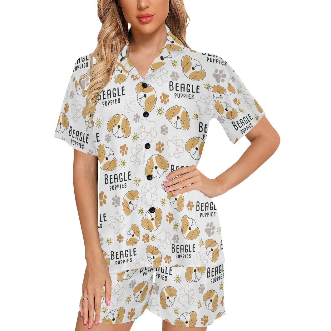 Cute beagle dog pattern background Women's V-Neck Short Pajama Set