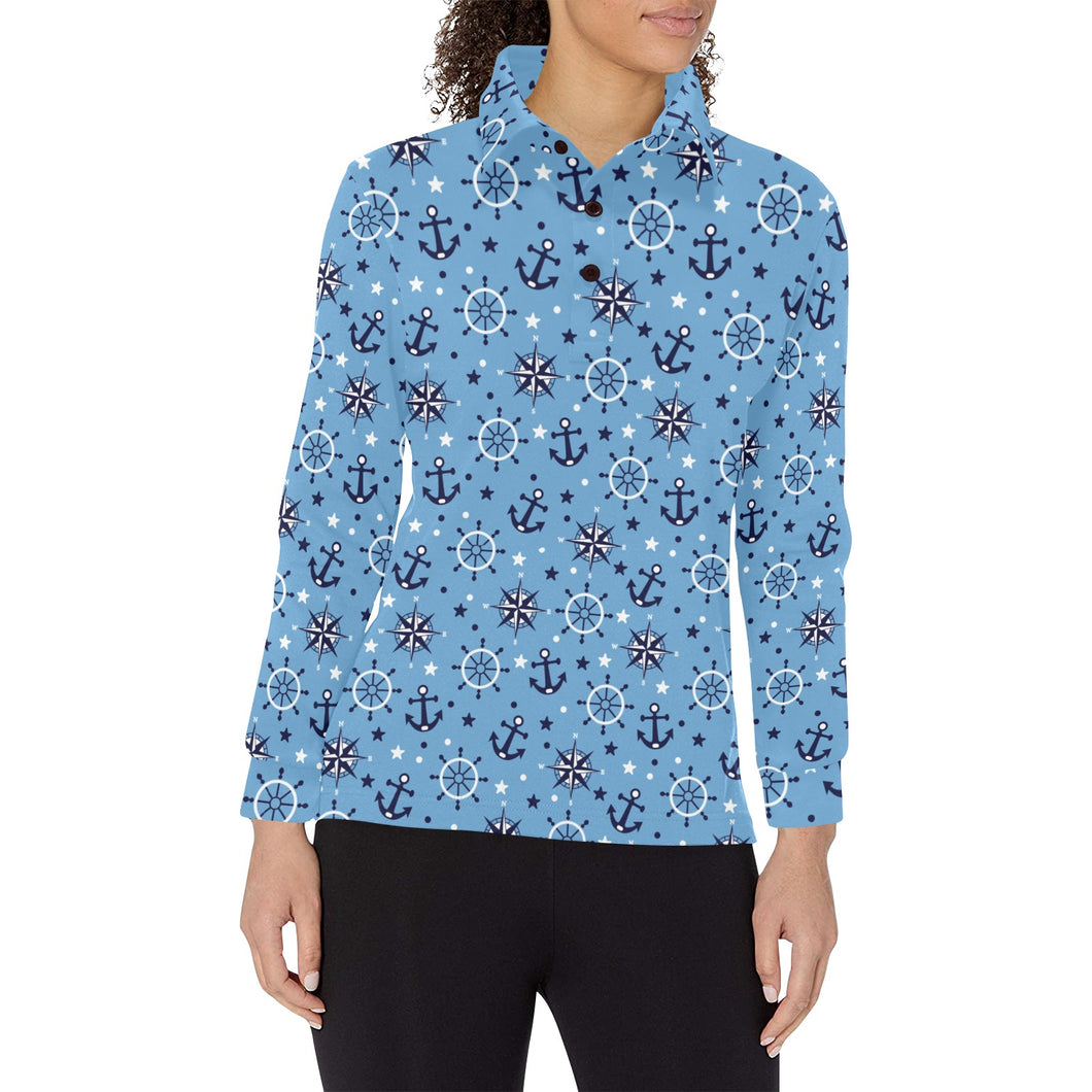 Anchors rudder compass star nautical pattern Women's Long Sleeve Polo Shirt