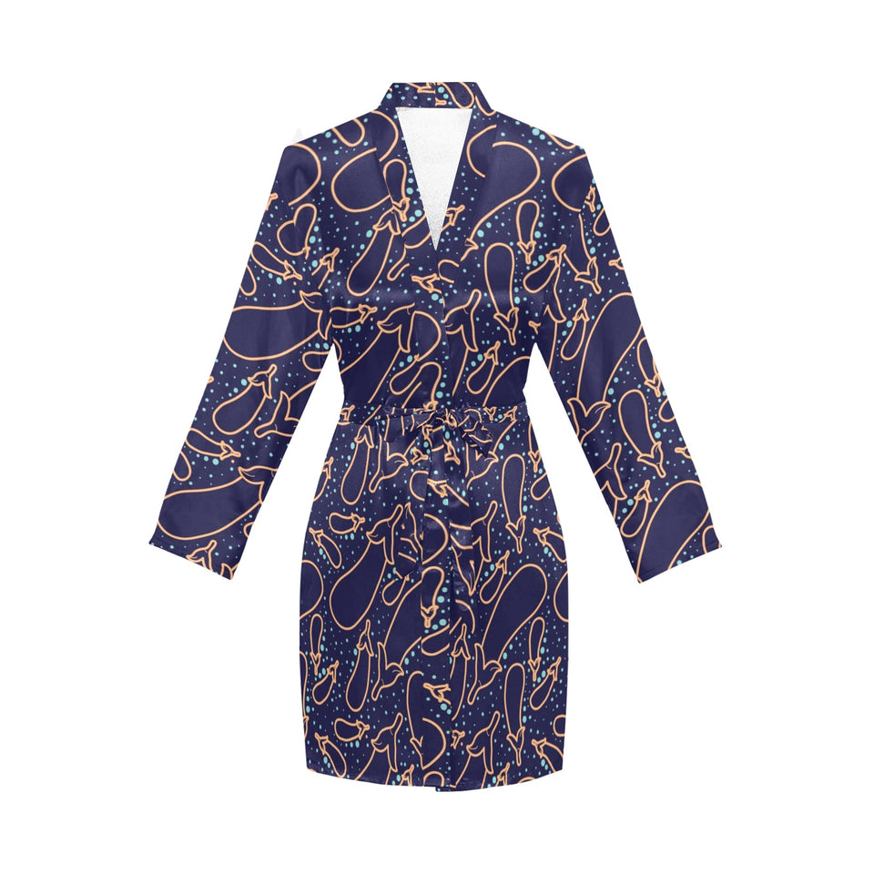 Eggplant Pattern Print Design 04 Women's Long Sleeve Belted Night Robe