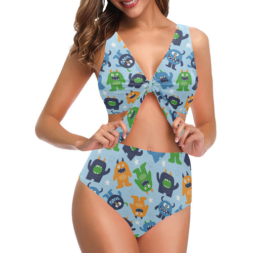 Alien Pattern Print Design 04 Chest Bowknot High Waisted Bikini Swimsuit
