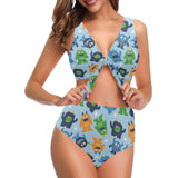 Alien Pattern Print Design 04 Chest Bowknot High Waisted Bikini Swimsuit