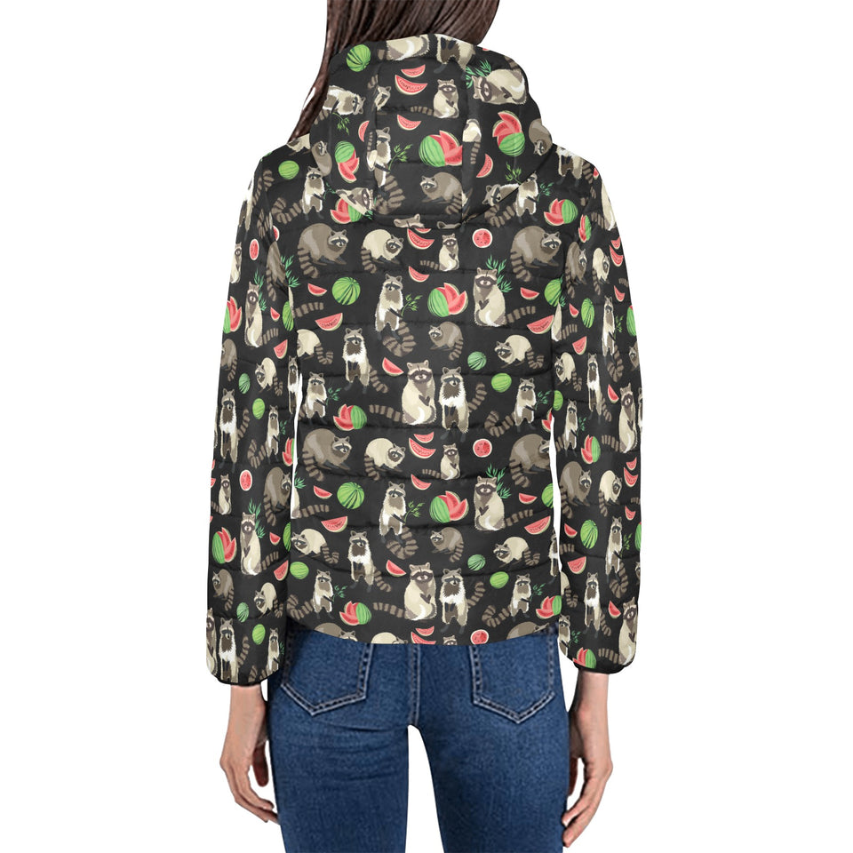 Raccoon watermelon pattern Women's Padded Hooded Jacket