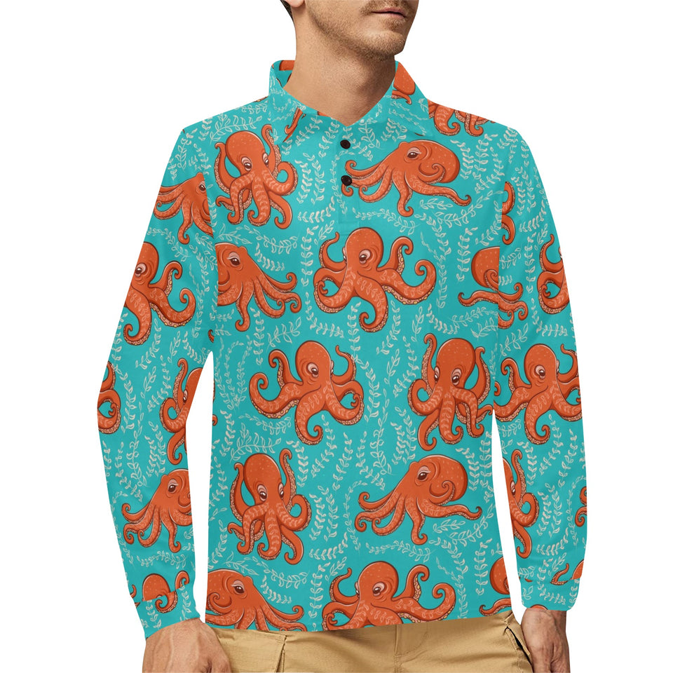 Octopus turquoise background Men's Long Sleeve Polo Shirt