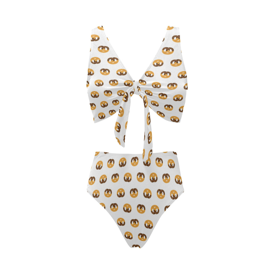 Pretzels Pattern Print Design 02 Chest Bowknot High Waisted Bikini Swimsuit