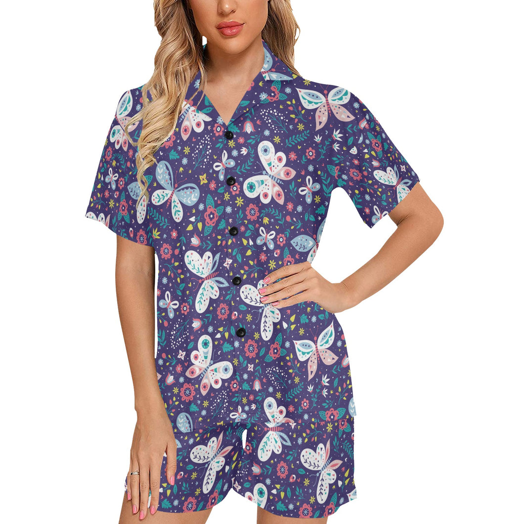 Colorful butterfly flower pattern.eps Women's V-Neck Short Pajama Set