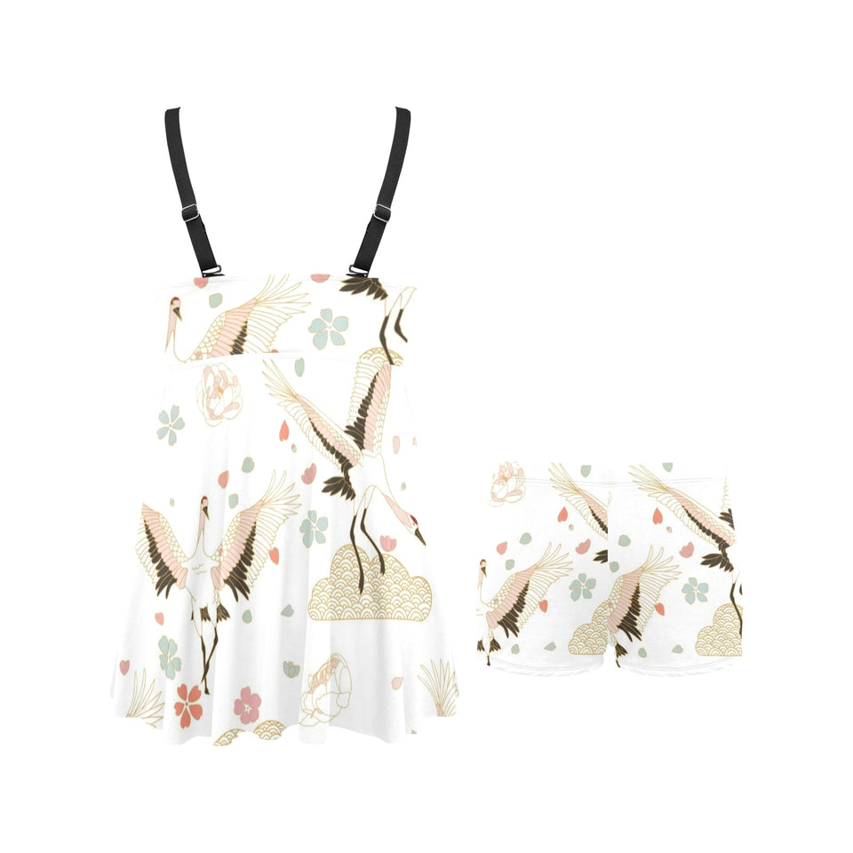 Beautiful Japanese cranes pattern Chest Sexy Pleated Two Piece Swim Dress