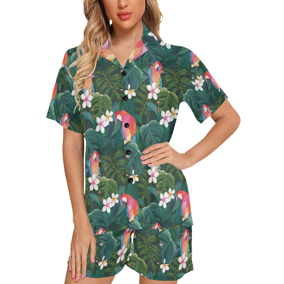 Parrot Palm tree leaves flower hibiscus pattern Women's V-Neck Short Pajama Set