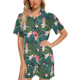 Parrot Palm tree leaves flower hibiscus pattern Women's V-Neck Short Pajama Set