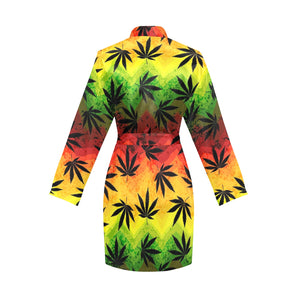 Canabis Marijuana Weed Pattern Print Design 03 Women's Long Sleeve Belted Night Robe