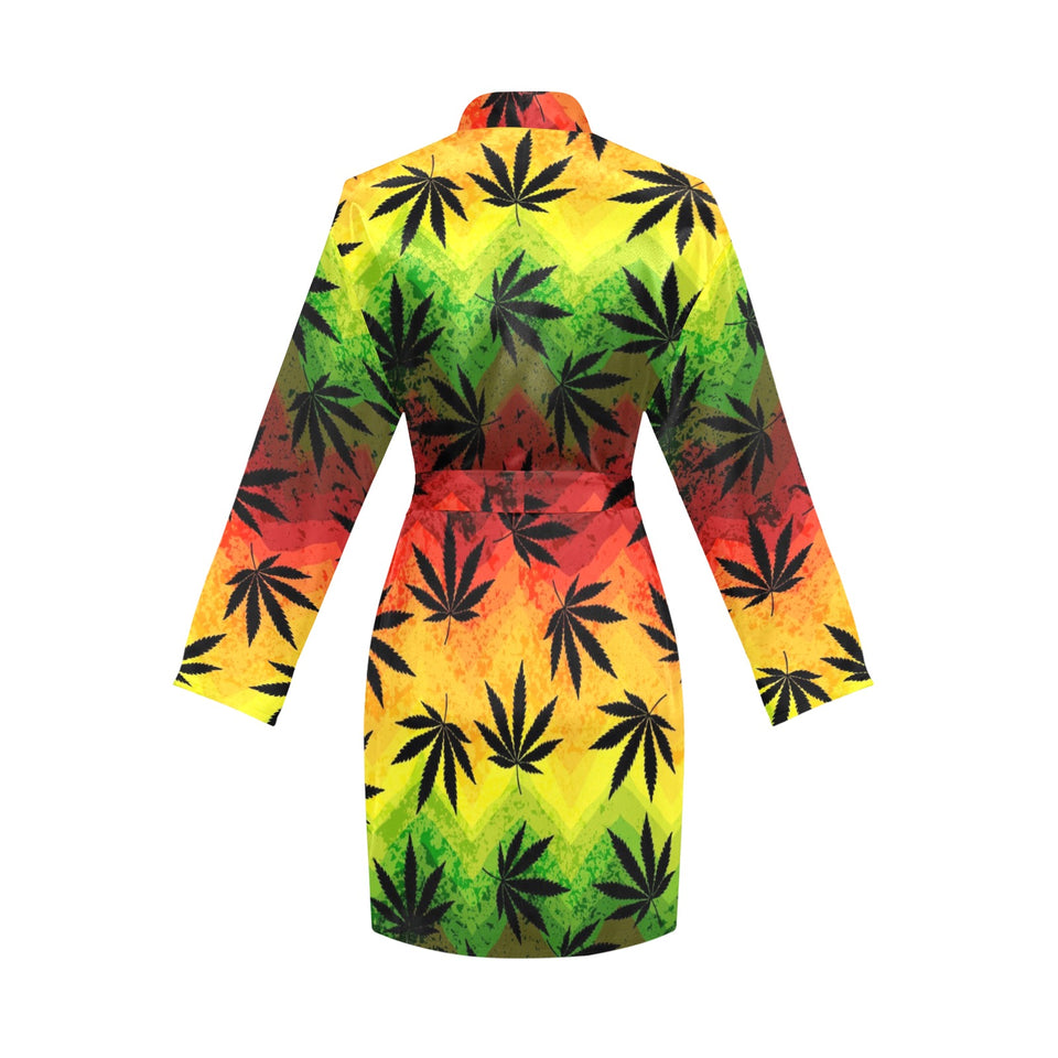 Canabis Marijuana Weed Pattern Print Design 03 Women's Long Sleeve Belted Night Robe