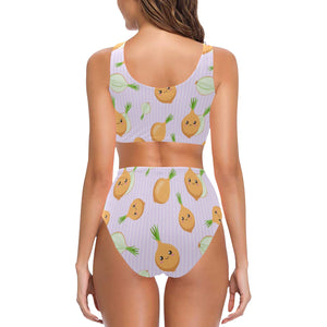 cute onions smiling faces purple background Chest Bowknot High Waisted Bikini Swimsuit