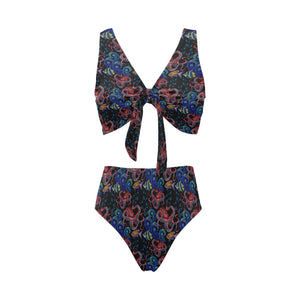 Octopus sea wave tropical fishe pattern Chest Bowknot High Waisted Bikini Swimsuit